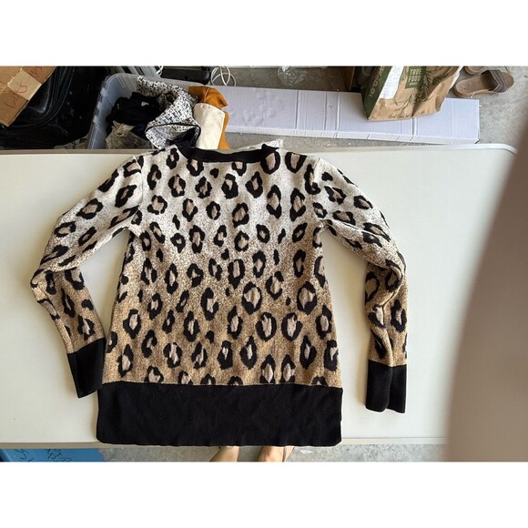 Ann Taylor Sweater Womens Medium Leopard Black Brown Long Sleeve Knit Wool Blend - Picture 2 of 4